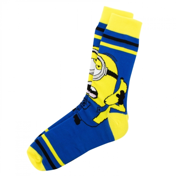 MINION Steve Blue, Black and Yellow Banana Minion Cartoon Character Crew Socks - Picture 1 of 5